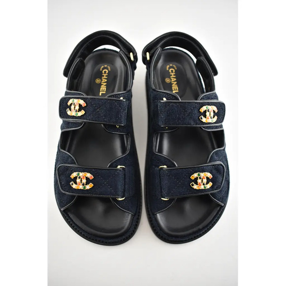 Chanel 21A Blue Velvet Denim CC Logo Mule Slide Strap Flat Teva Dad Sandal 35.5 - Picture 5 of 12